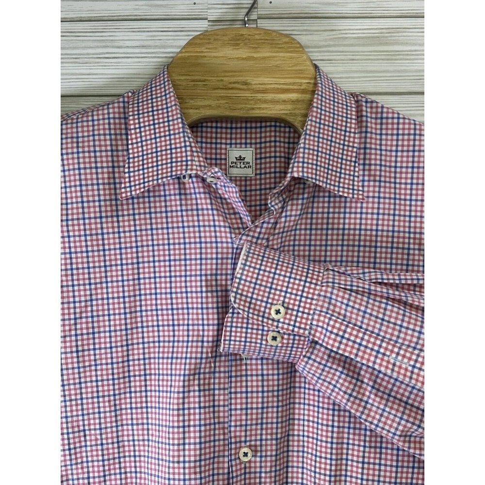 Peter Millar Shirt Men Extra Large Red White Blue Cotton Check Long Button Up